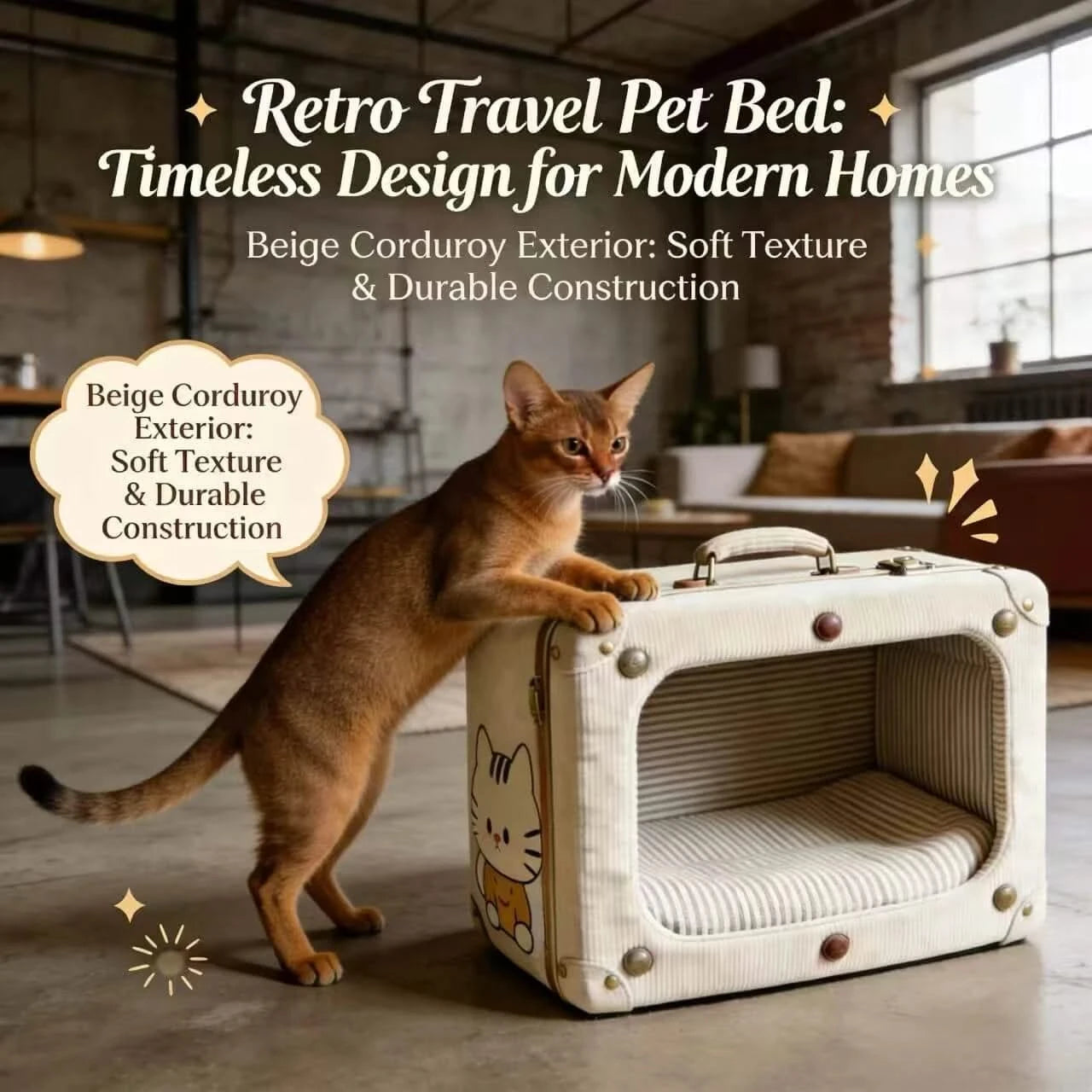 Portable Pet Bed for Cats, Suitcase Shape, Beige Canvas, Durable/Stylish, Anywhere Retreat, All-Season