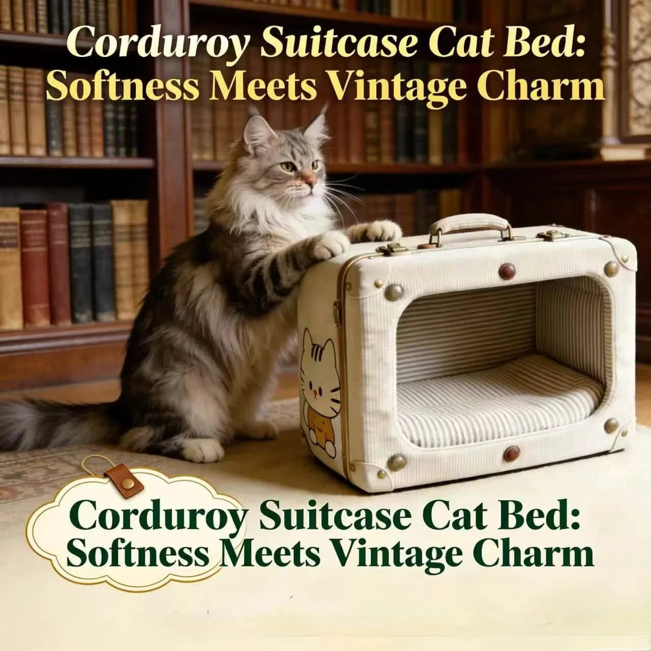Portable Pet Bed for Cats, Suitcase Shape, Beige Canvas, Durable/Stylish, Anywhere Retreat, All-Season