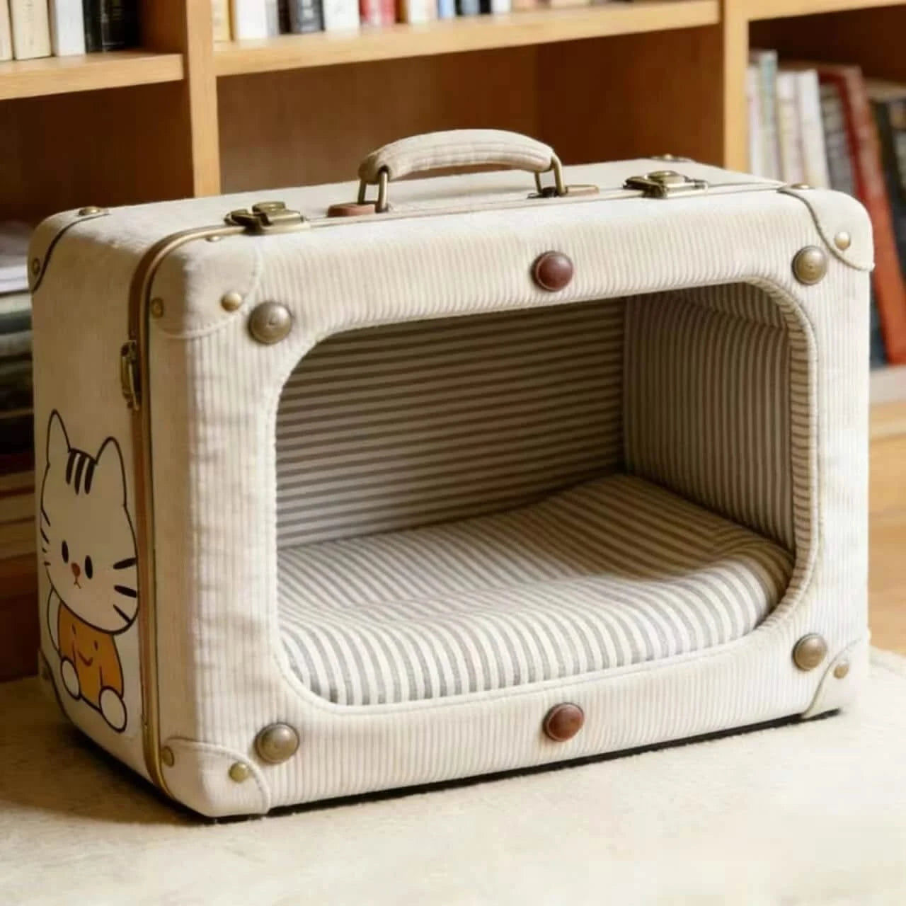 Portable Pet Bed for Cats, Suitcase Shape, Beige Canvas, Durable/Stylish, Anywhere Retreat, All-Season