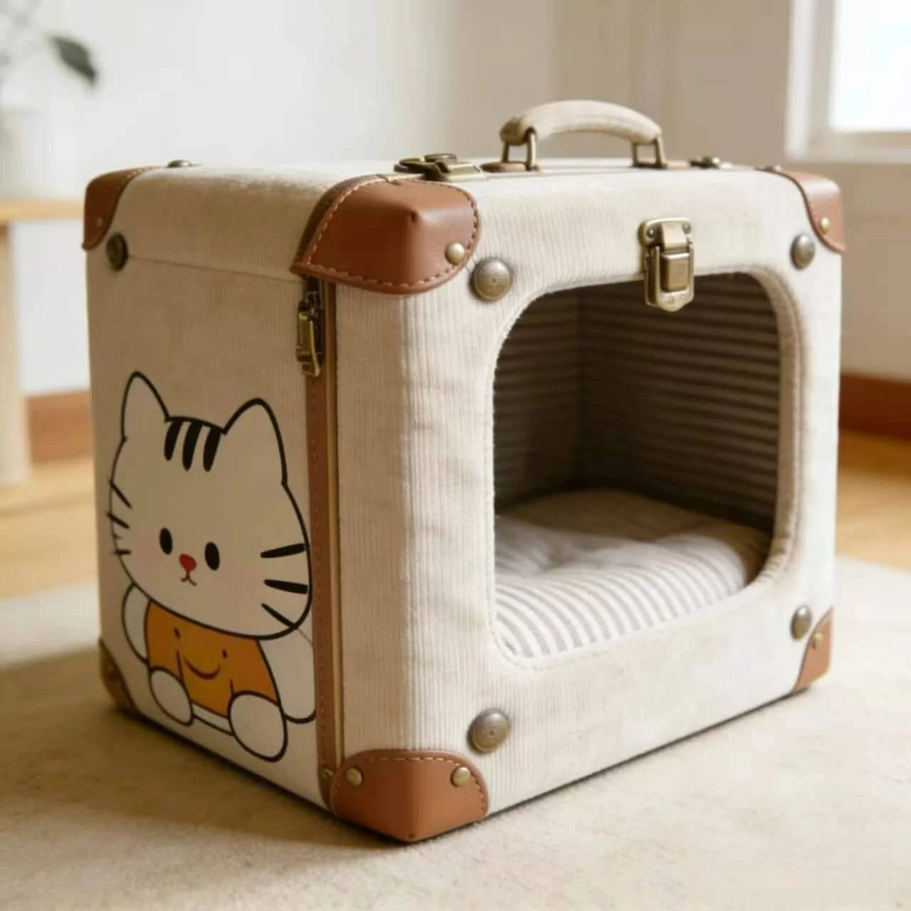 Portable Pet Bed for Cats, Suitcase Shape, Beige Canvas, Durable/Stylish, Anywhere Retreat, All-Season