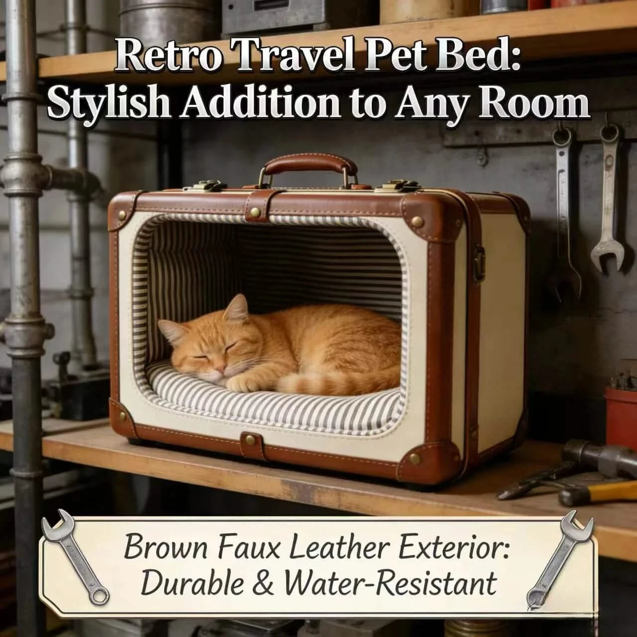  Vintage Decorative Pet Bed for Cats & Dogs, Suitcase Shape, Faux Leather & Striped Fabric