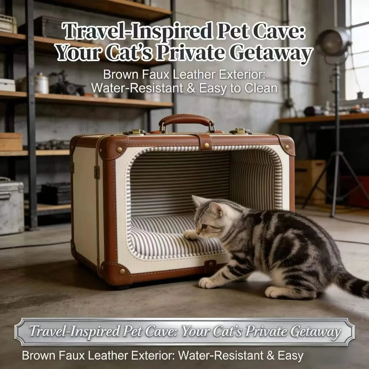  Vintage Decorative Pet Bed for Cats & Dogs, Suitcase Shape, Faux Leather & Striped Fabric