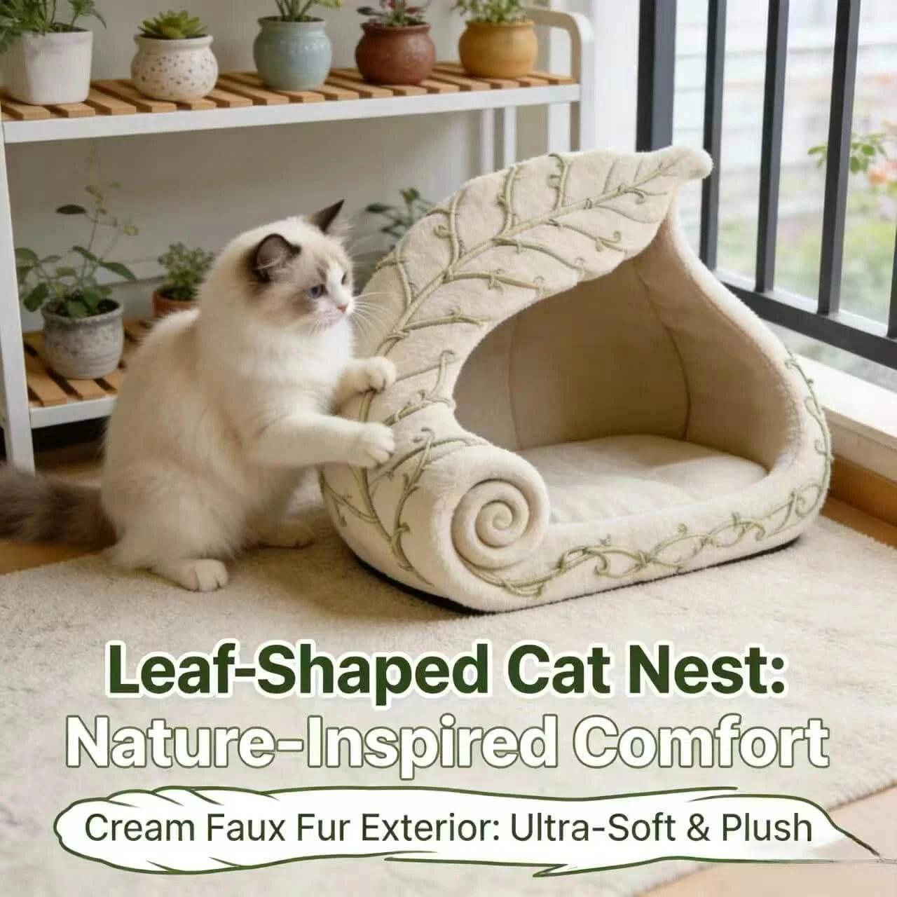  Unique Style Pet Bed for Cats, Spiral Leaf Shape, Plush Fabric, White/Beige,  All-Season