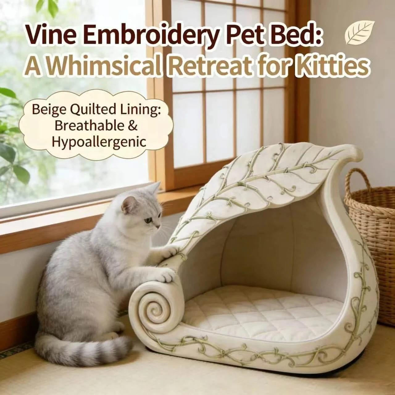  Unique Style Pet Bed for Cats, Spiral Leaf Shape, Plush Fabric, White/Beige,  All-Season