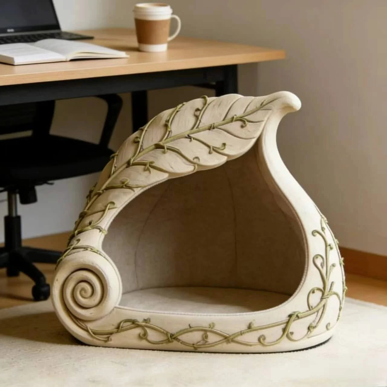  Unique Style Pet Bed for Cats, Spiral Leaf Shape, Plush Fabric, White/Beige,  All-Season