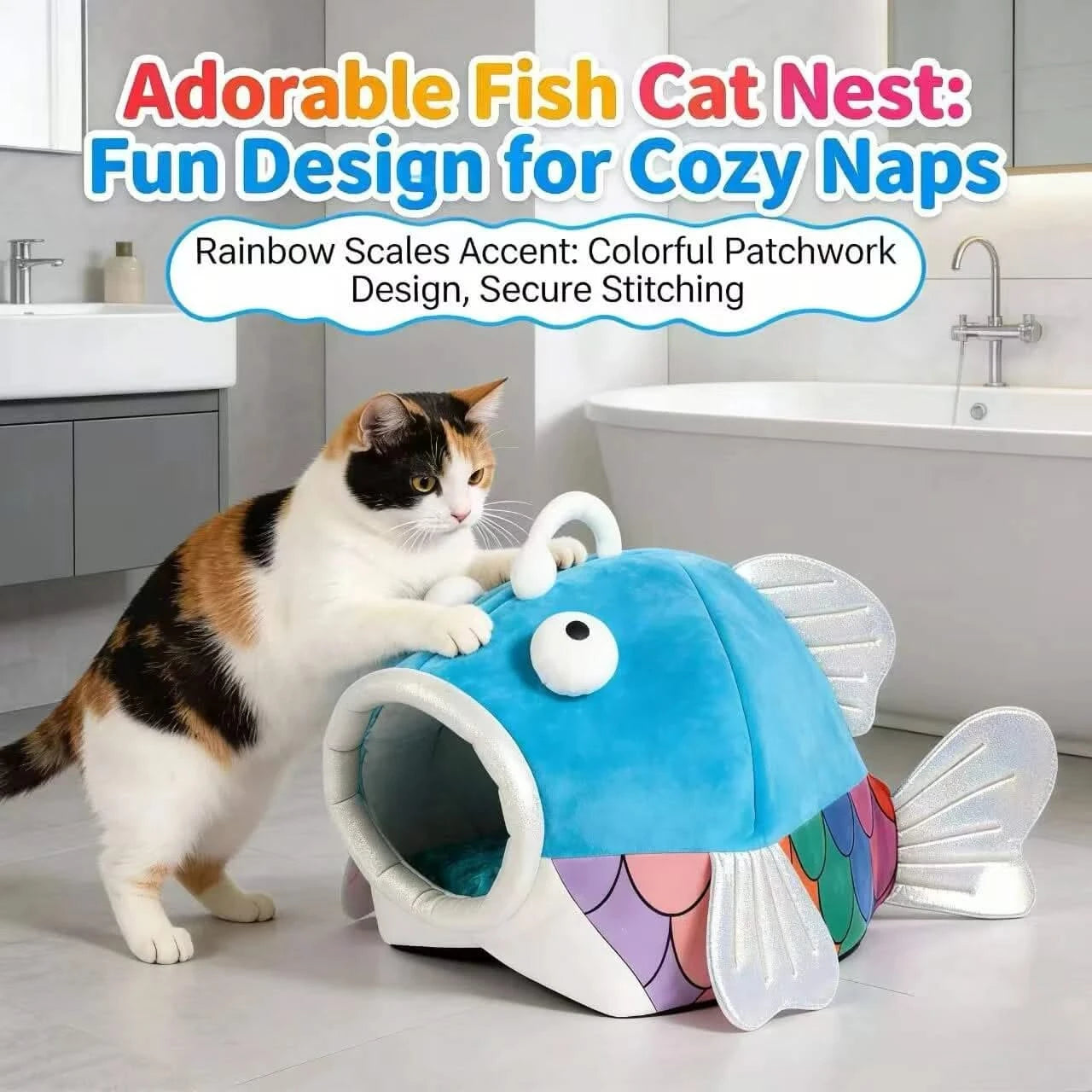  Cat Bed, Clownfish Shape, Comfortable Plush, Blue/White, Pet-Safe Material, All-Season