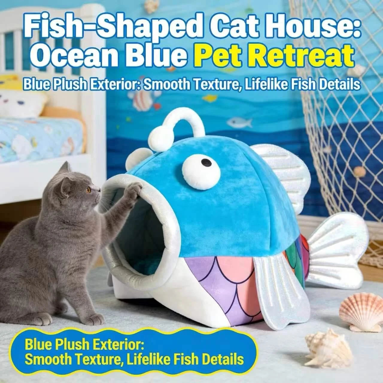  Cat Bed, Clownfish Shape, Comfortable Plush, Blue/White, Pet-Safe Material, All-Season