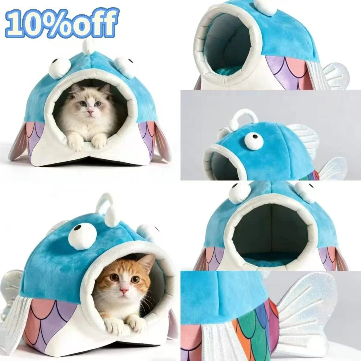  Cat Bed, Clownfish Shape, Comfortable Plush, Blue/White, Pet-Safe Material, All-Season