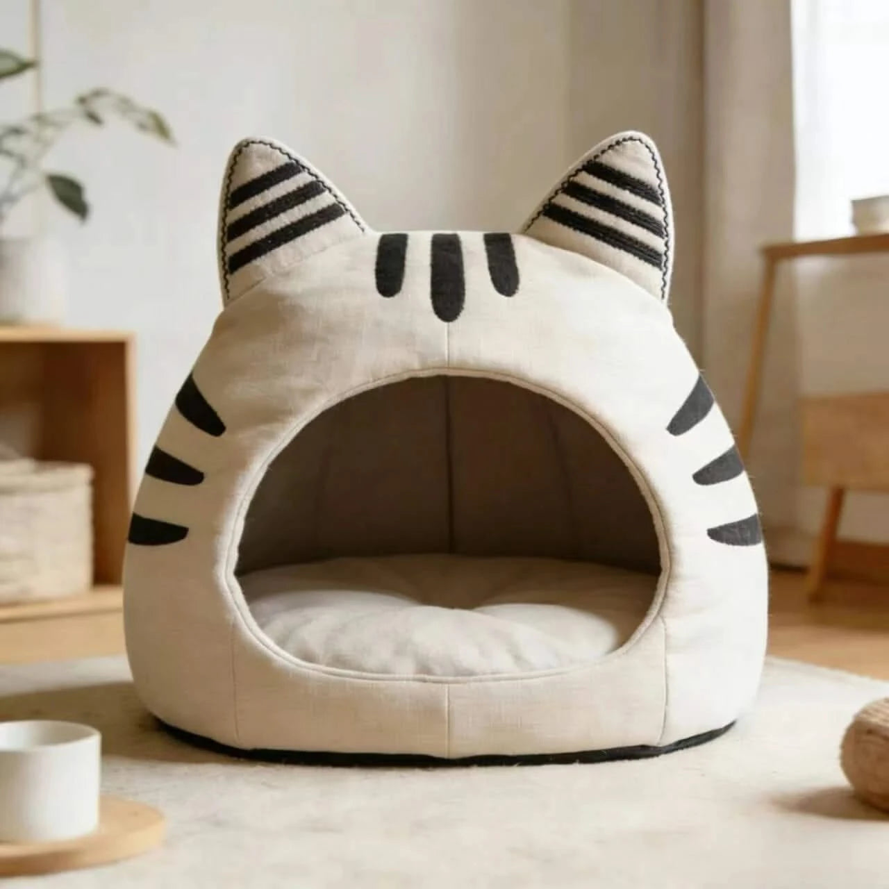 Cozy Pet Bed for Cats, Cat Ear Cave Design, Soft Fabric, White & Black Stripe, All-Season