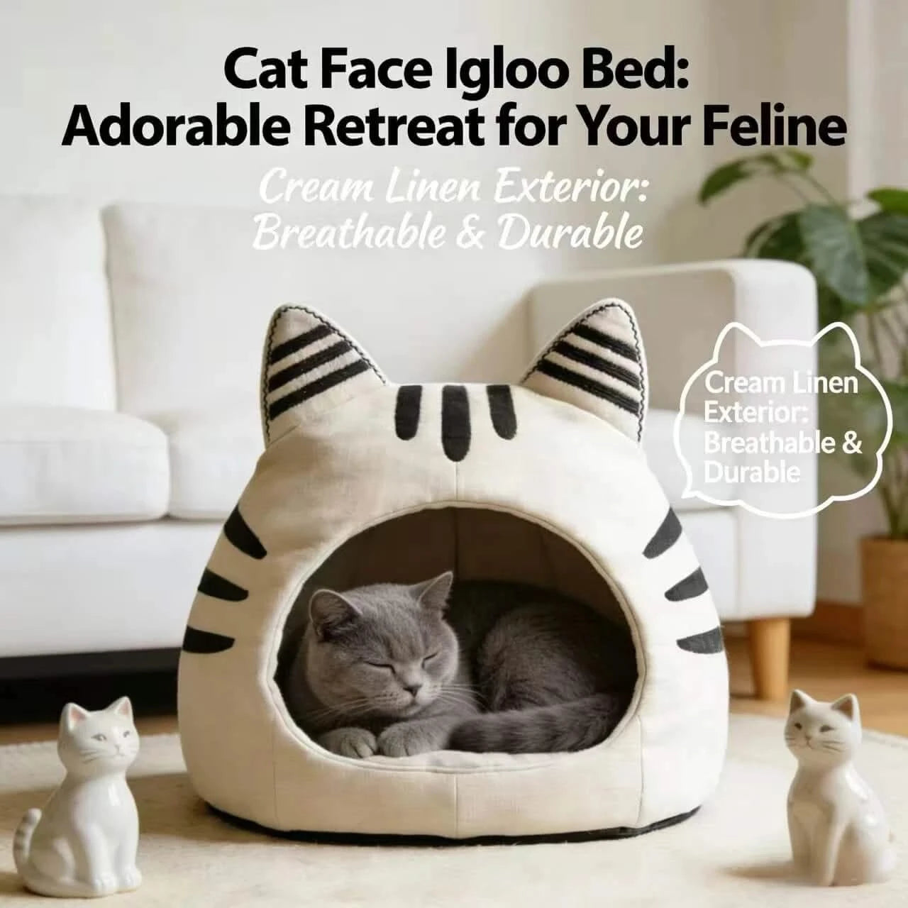 Cozy Pet Bed for Cats, Cat Ear Cave Design, Soft Fabric, White & Black Stripe, All-Season