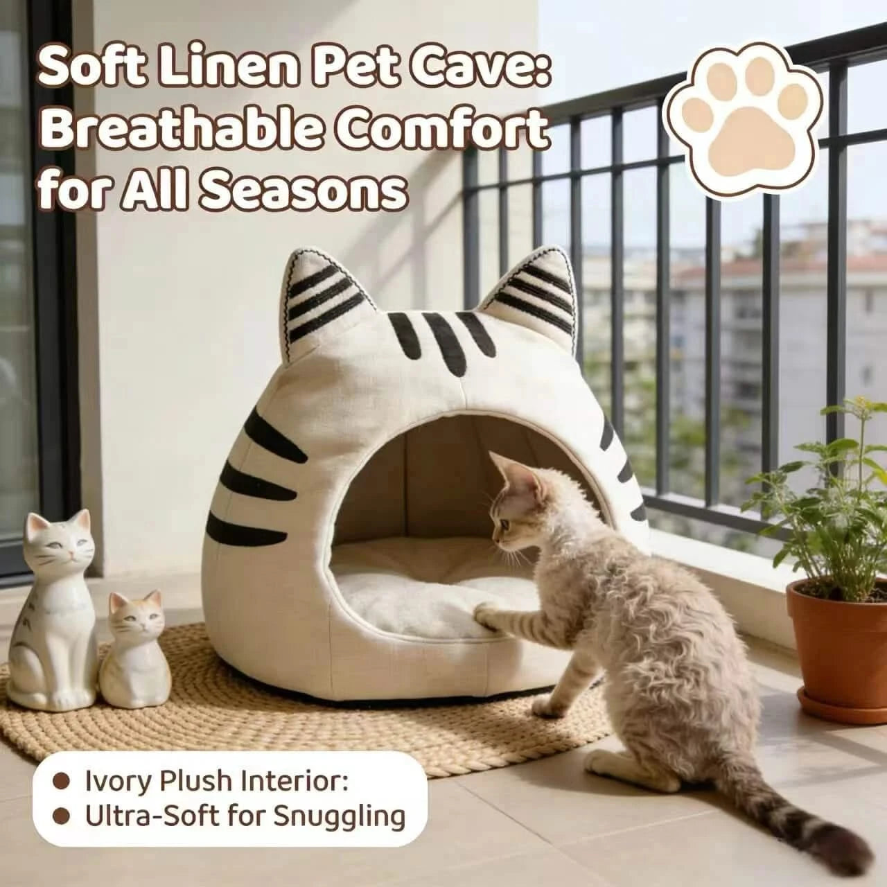 Cozy Pet Bed for Cats, Cat Ear Cave Design, Soft Fabric, White & Black Stripe, All-Season