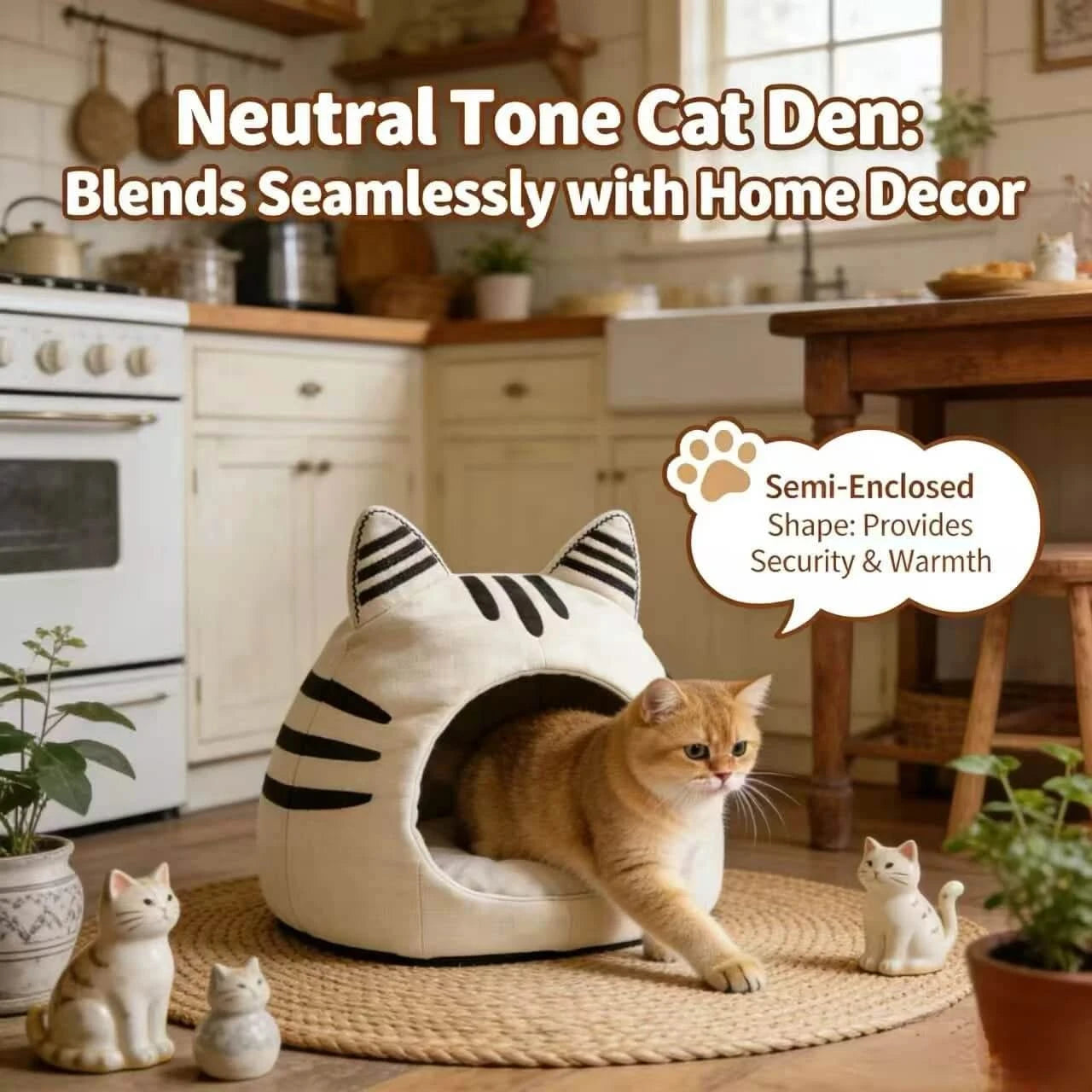 Cozy Pet Bed for Cats, Cat Ear Cave Design, Soft Fabric, White & Black Stripe, All-Season