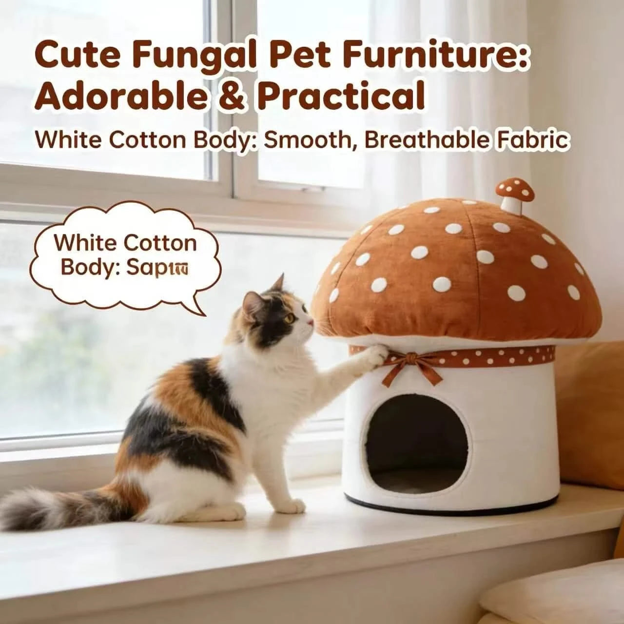  Adorable Cat Bed, Fungal Mushroom Style, Cotton Body, Breathable Fabric, Brown/White