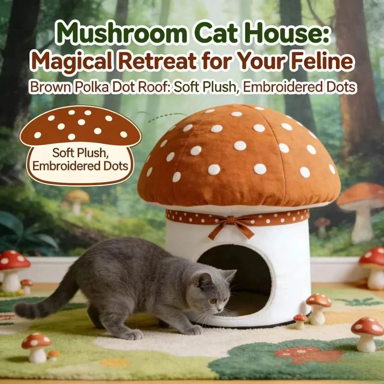  Adorable Cat Bed, Fungal Mushroom Style, Cotton Body, Breathable Fabric, Brown/White
