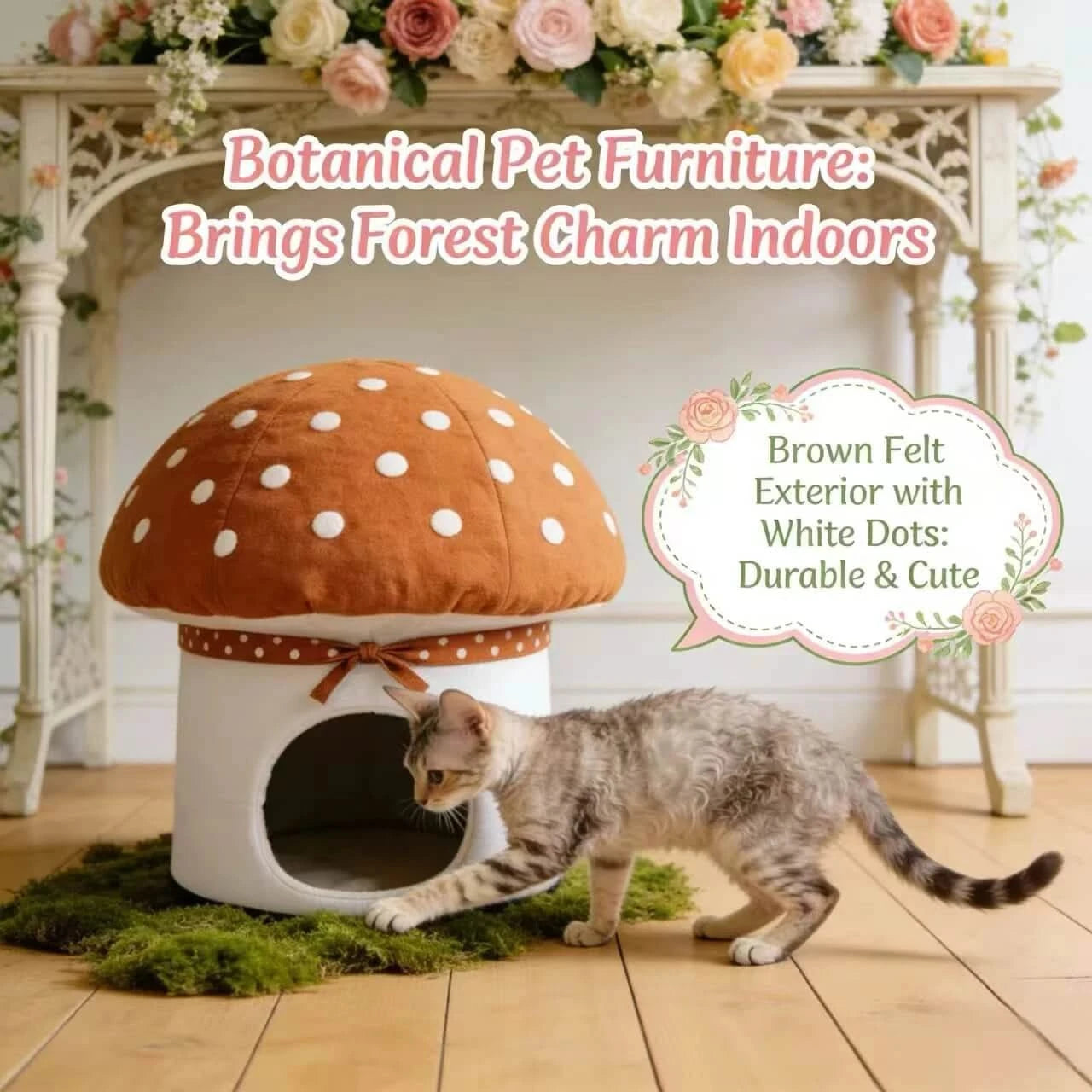  Adorable Cat Bed, Fungal Mushroom Style, Cotton Body, Breathable Fabric, Brown/White