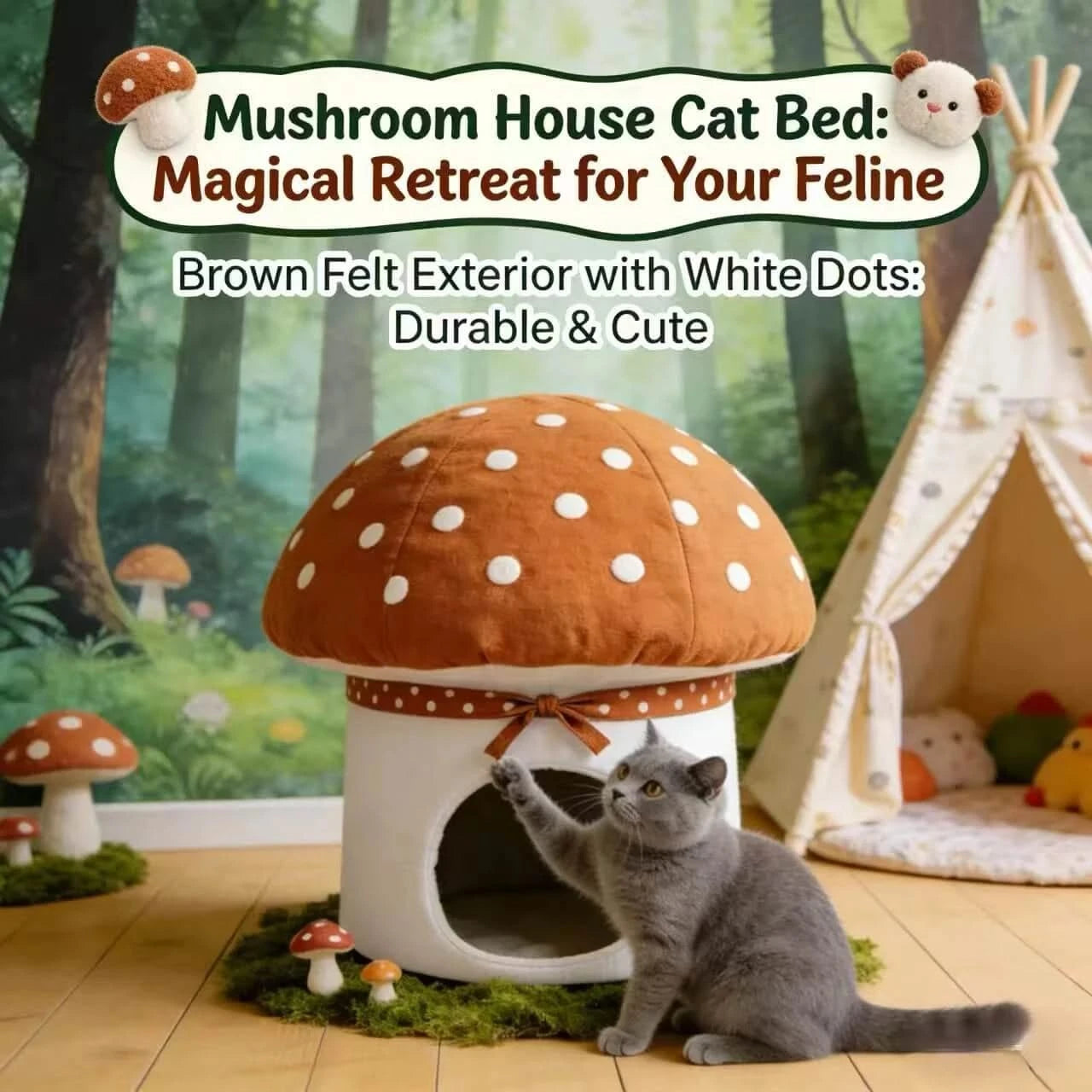  Adorable Cat Bed, Fungal Mushroom Style, Cotton Body, Breathable Fabric, Brown/White