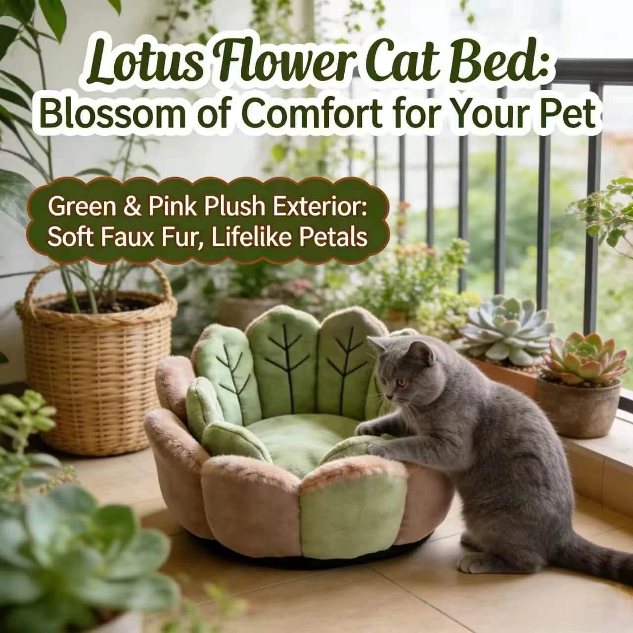 Floral Cat Sofa, Lotus Shape, Faux Fur Exterior, Cozy Padding, Green & Pink