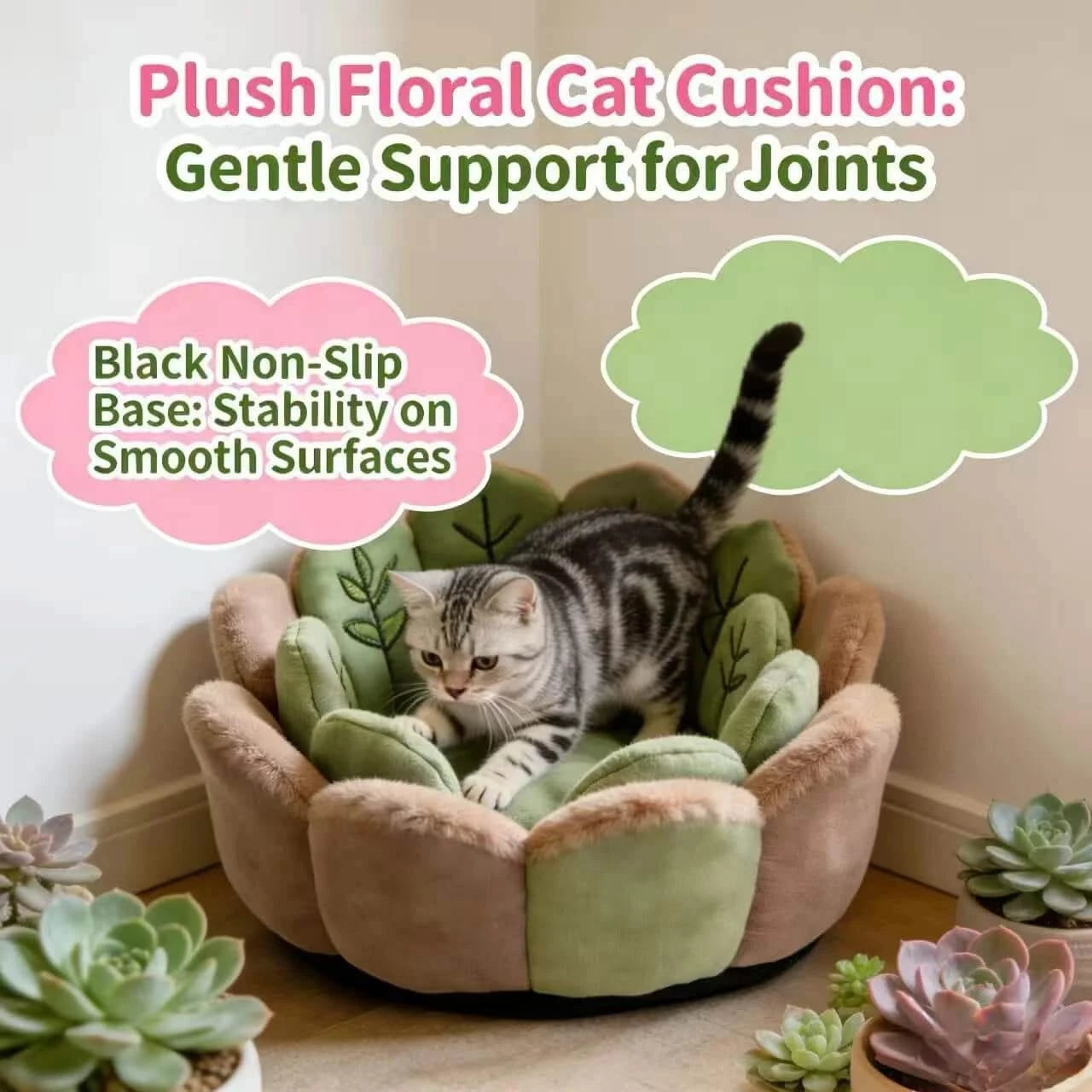 Floral Cat Sofa, Lotus Shape, Faux Fur Exterior, Cozy Padding, Green & Pink