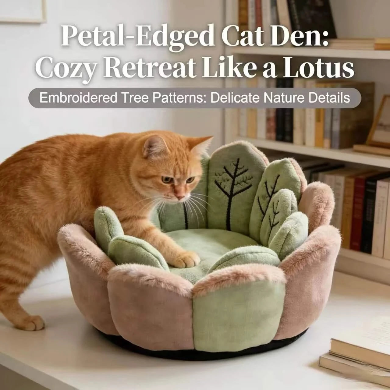 Floral Cat Sofa, Lotus Shape, Faux Fur Exterior, Cozy Padding, Green & Pink