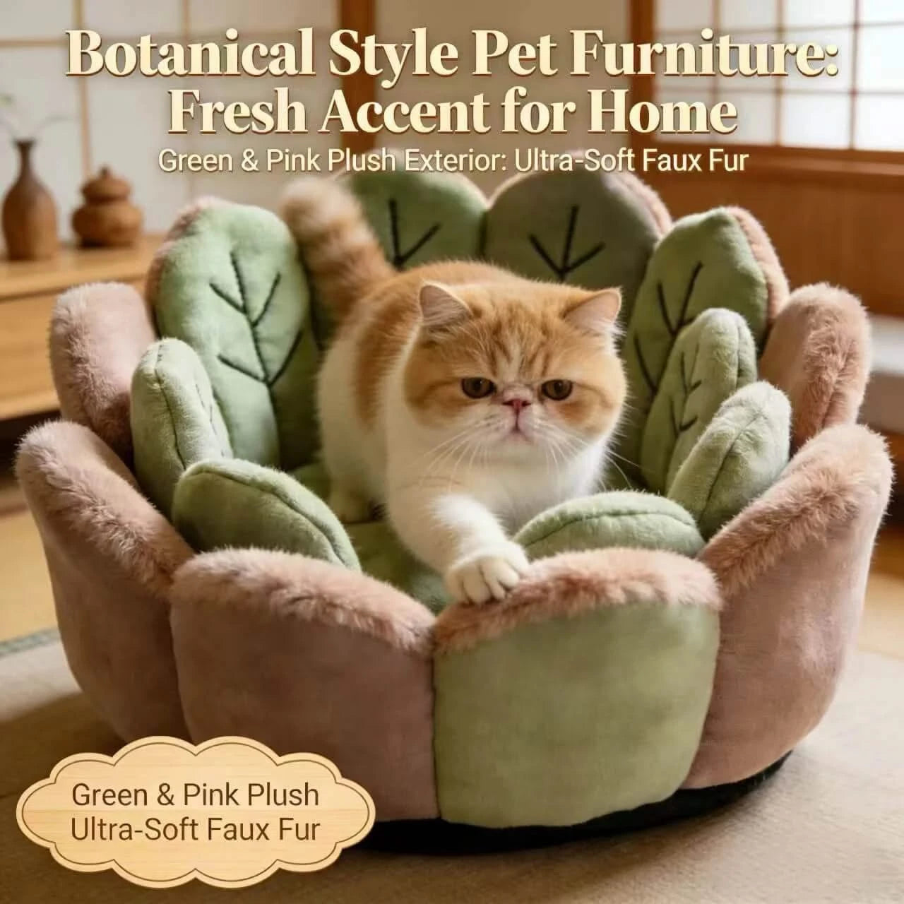 Floral Cat Sofa, Lotus Shape, Faux Fur Exterior, Cozy Padding, Green & Pink