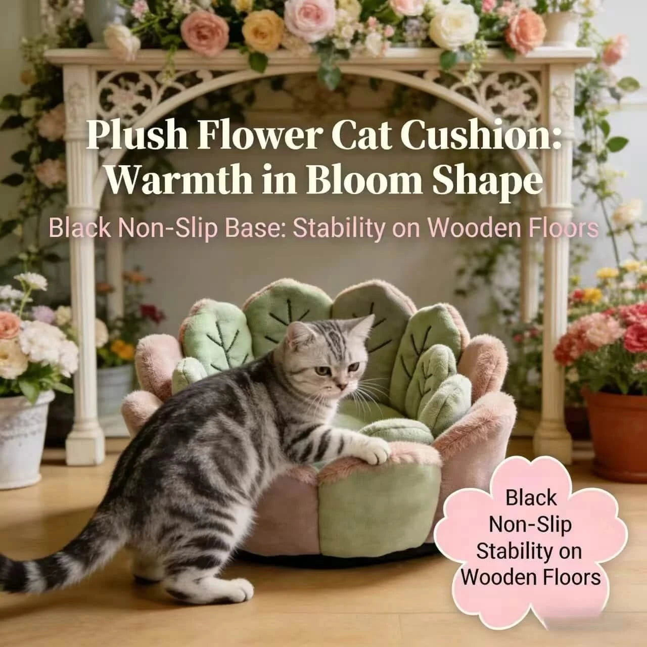 Floral Cat Sofa, Lotus Shape, Faux Fur Exterior, Cozy Padding, Green & Pink