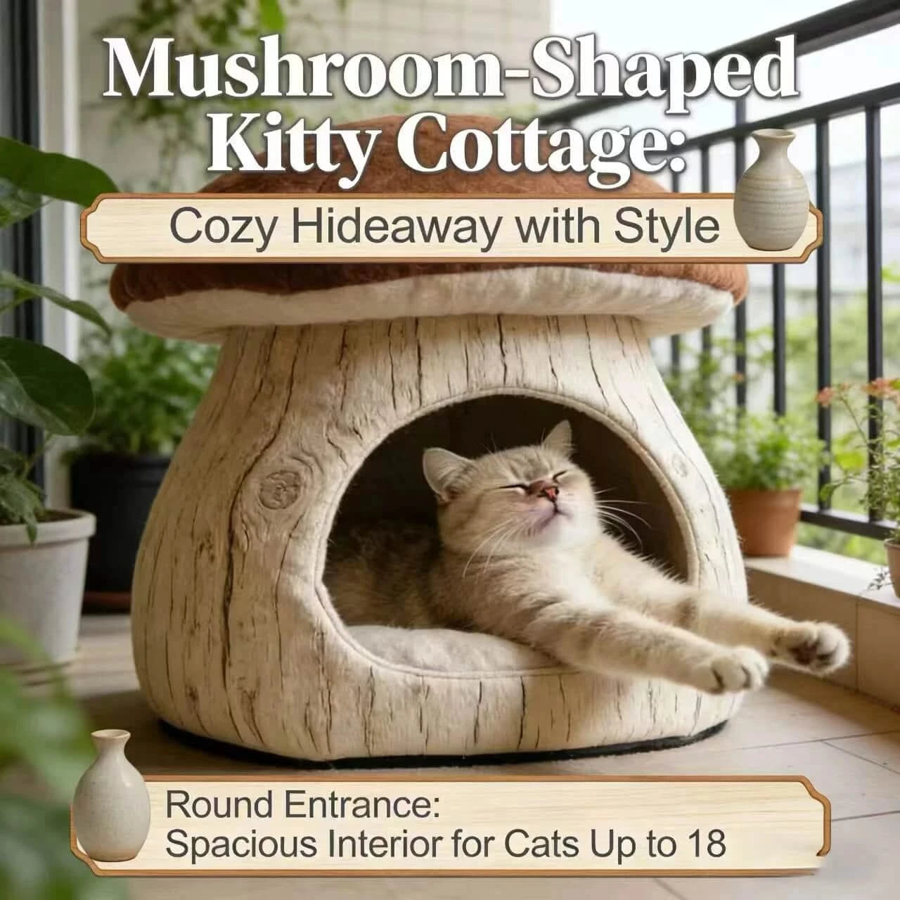 Cave-Style Cat Bed, Mushroom Design, Sturdy Frame, Warm Plush Lining, Indoor Use