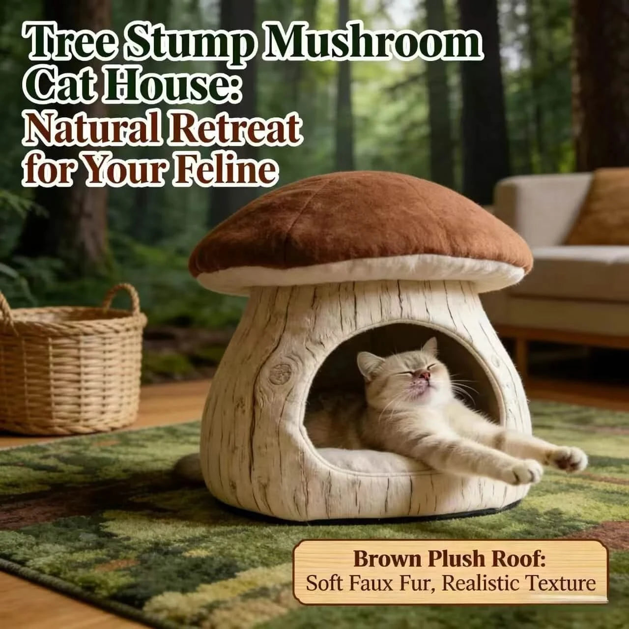 Cave-Style Cat Bed, Mushroom Design, Sturdy Frame, Warm Plush Lining, Indoor Use