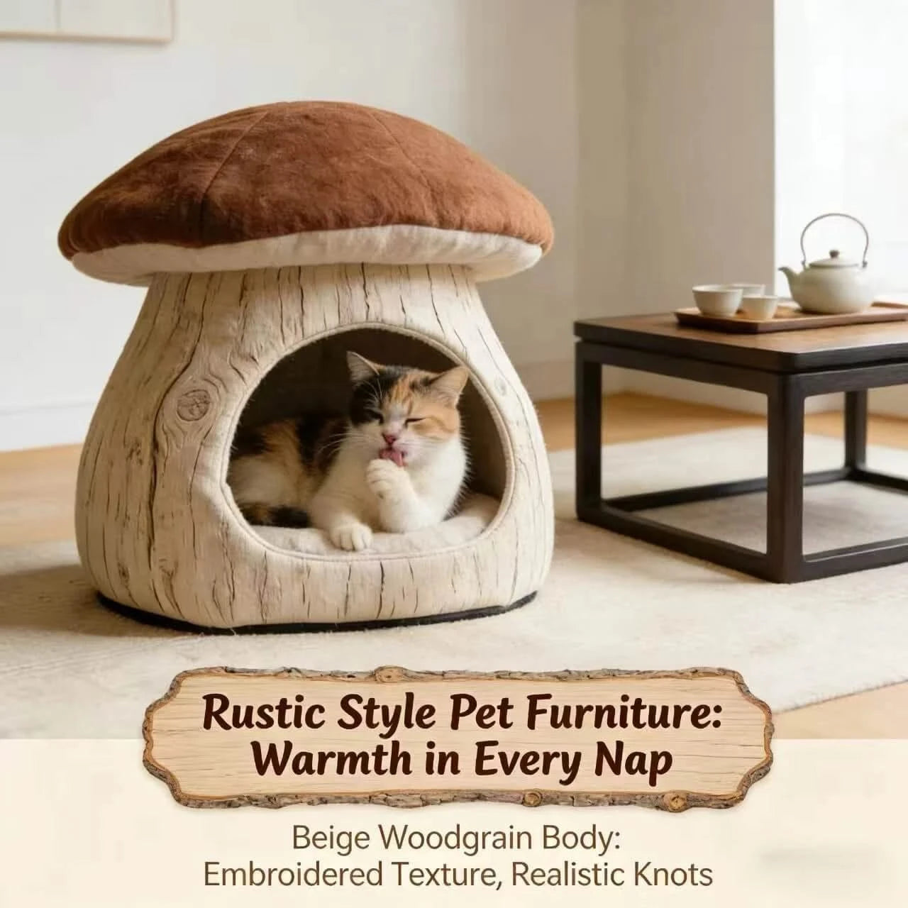 Cave-Style Cat Bed, Mushroom Design, Sturdy Frame, Warm Plush Lining, Indoor Use