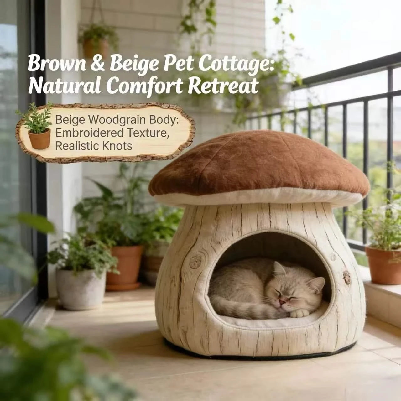 Cave-Style Cat Bed, Mushroom Design, Sturdy Frame, Warm Plush Lining, Indoor Use