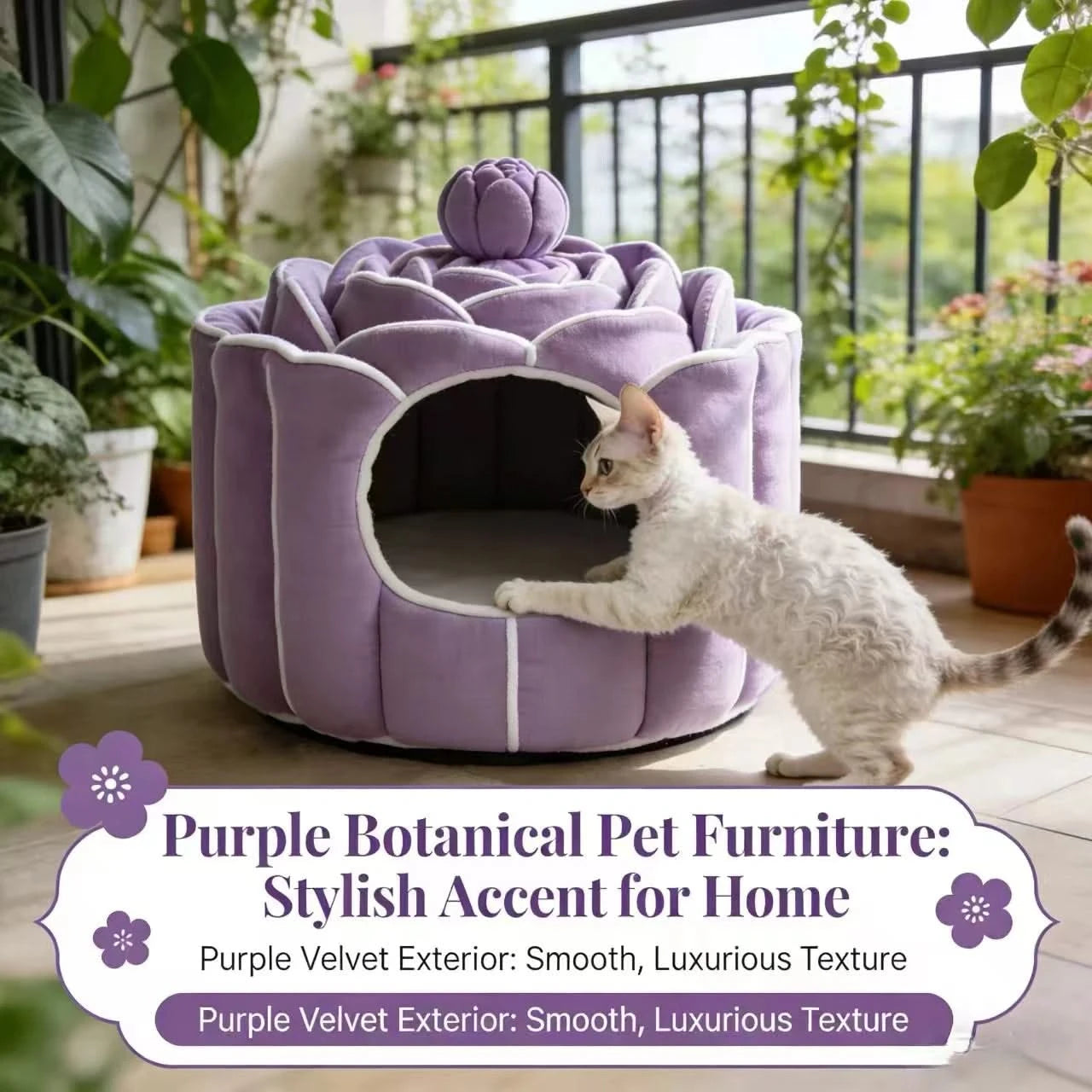 Privacy Pet Bed for Cats, Lotus Flower Shape, Washable Lining, Lavender