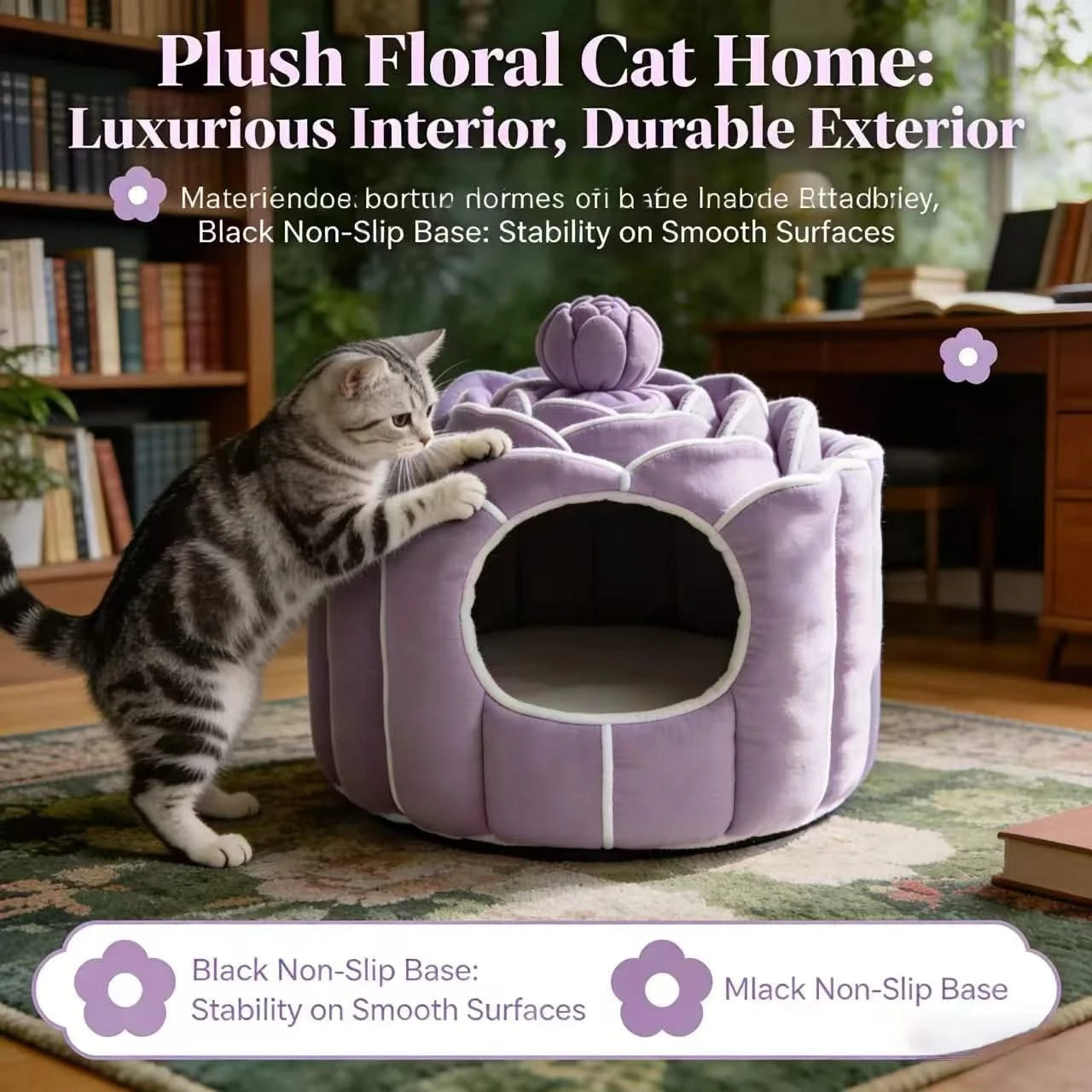 Privacy Pet Bed for Cats, Lotus Flower Shape, Washable Lining, Lavender