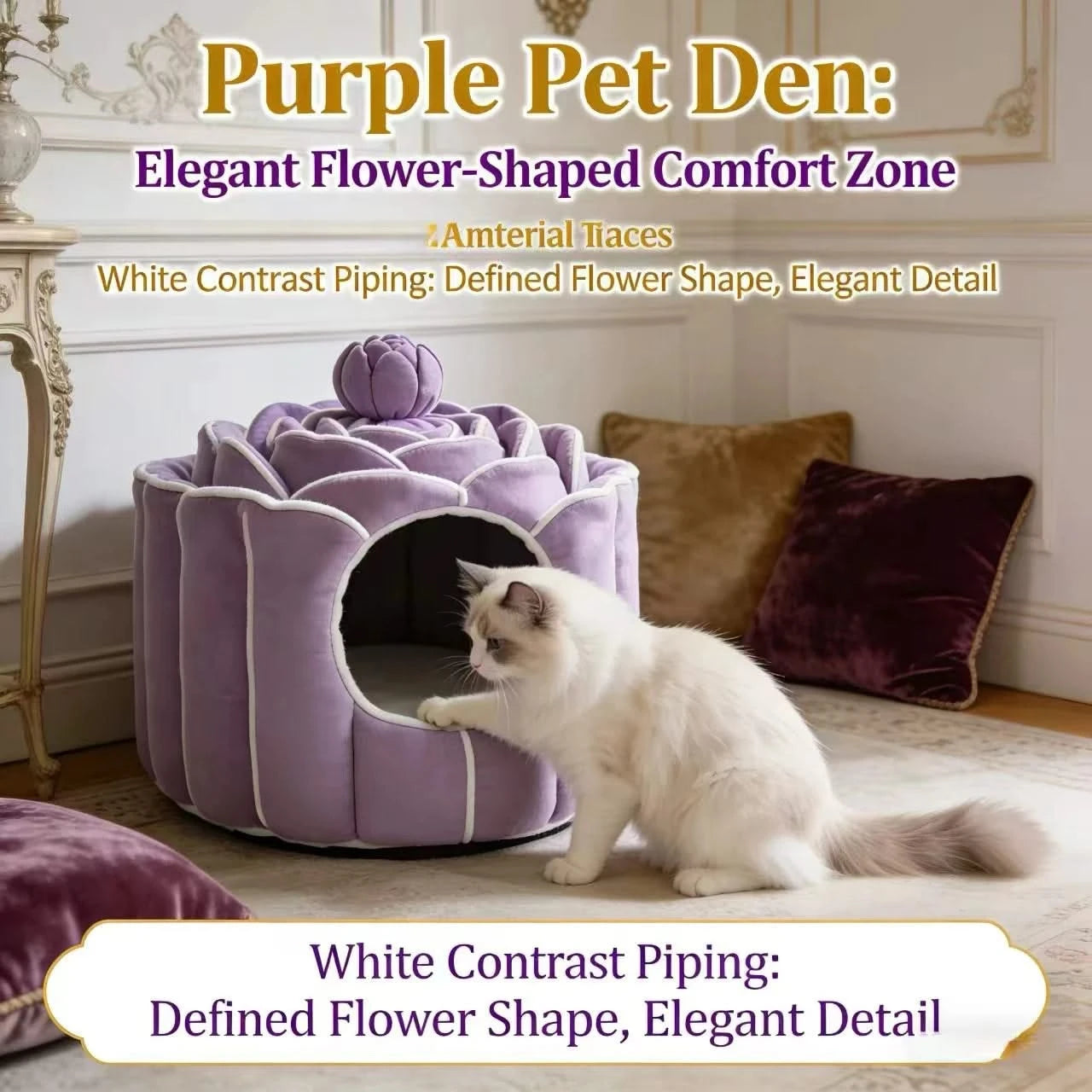 Privacy Pet Bed for Cats, Lotus Flower Shape, Washable Lining, Lavender