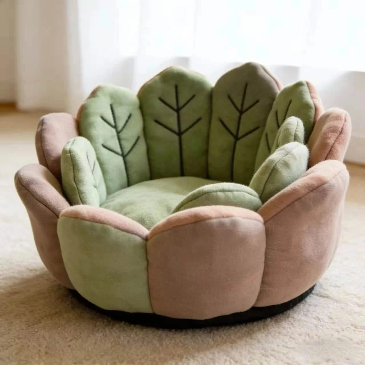 Floral Cat Sofa, Lotus Shape, Faux Fur Exterior, Cozy Padding, Green & Pink