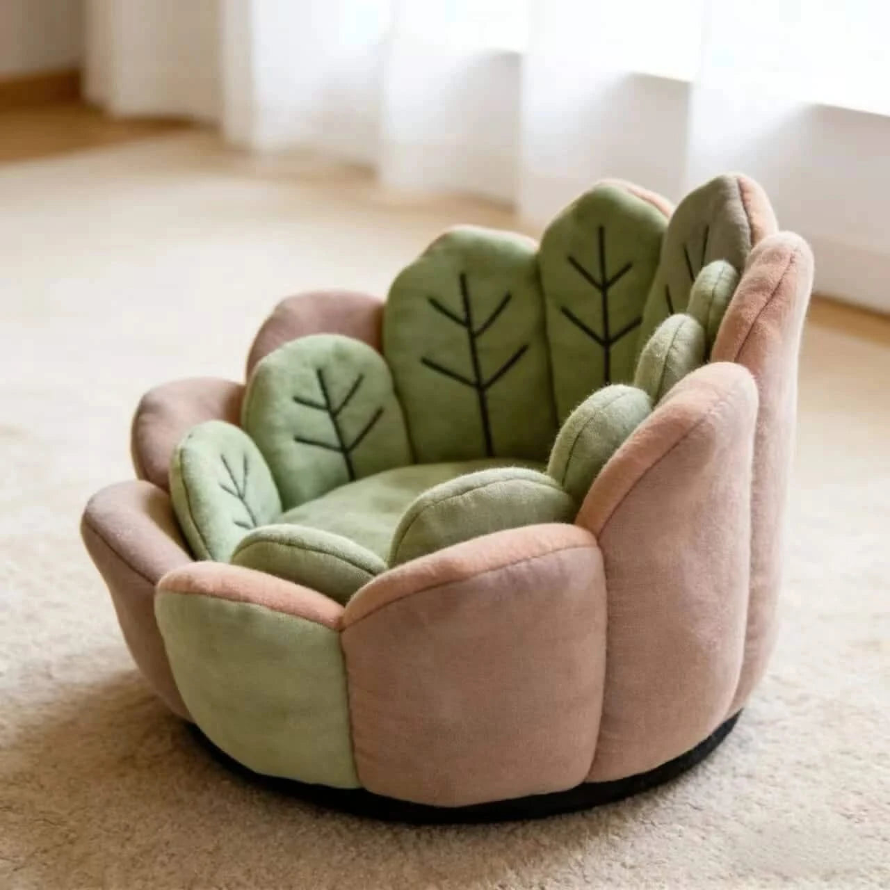 Floral Cat Sofa, Lotus Shape, Faux Fur Exterior, Cozy Padding, Green & Pink