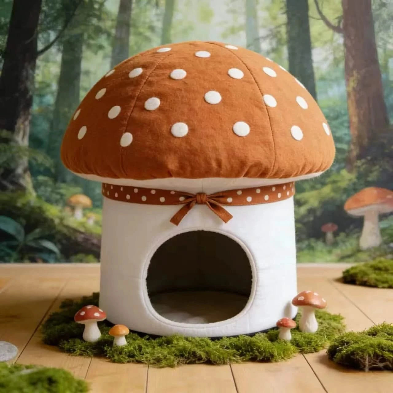  Adorable Cat Bed, Fungal Mushroom Style, Cotton Body, Breathable Fabric, Brown/White