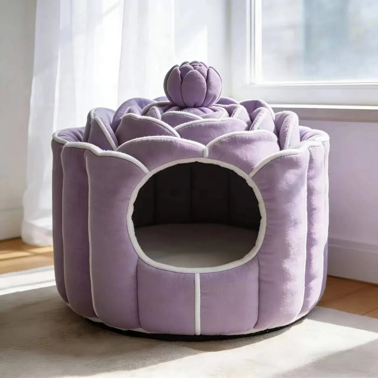 Privacy Pet Bed for Cats, Lotus Flower Shape, Washable Lining, Lavender