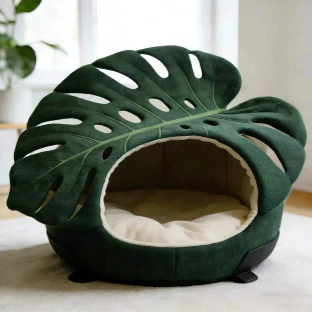 Cat Bed, Monstera Leaf Shape, Fuzzy Fabric, Green,  All-Season