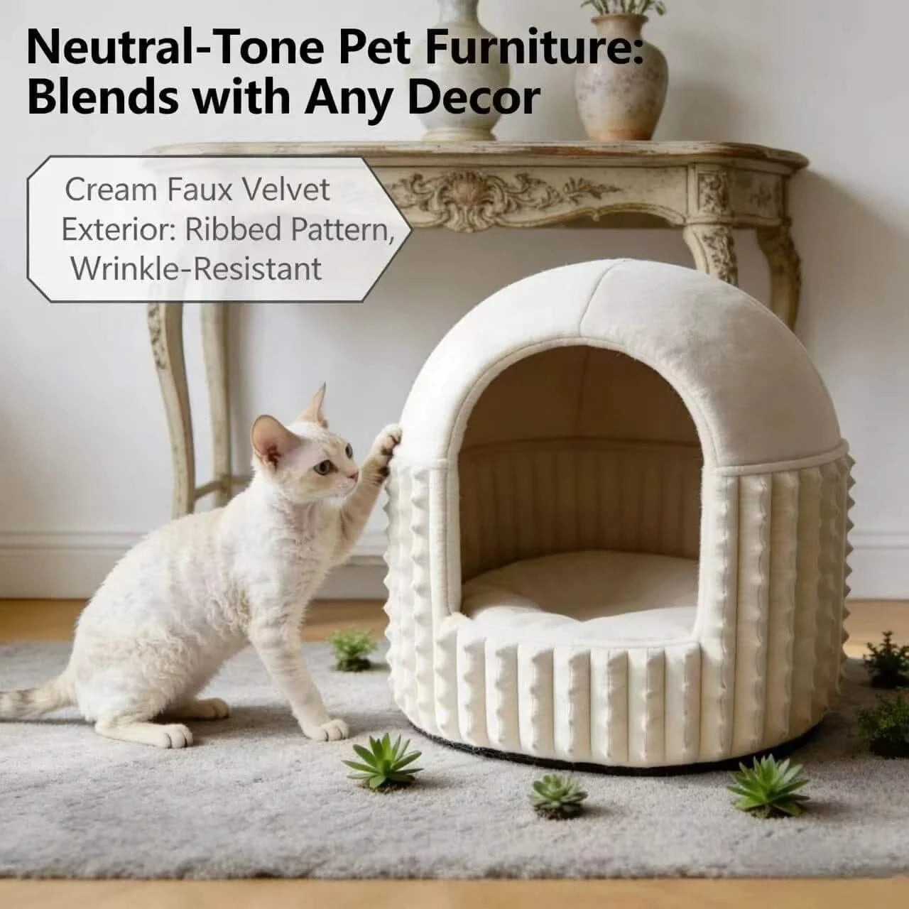 Elegant Cat Bed, Dome House Design, Smooth Velvet Texture, Faux Fur Exterior, Ivory
