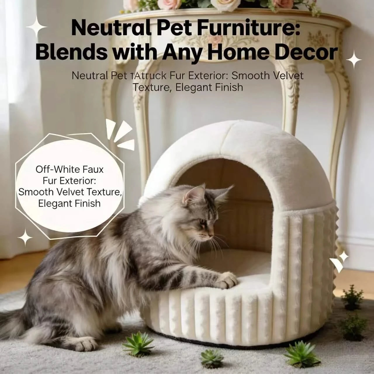 Elegant Cat Bed, Dome House Design, Smooth Velvet Texture, Faux Fur Exterior, Ivory