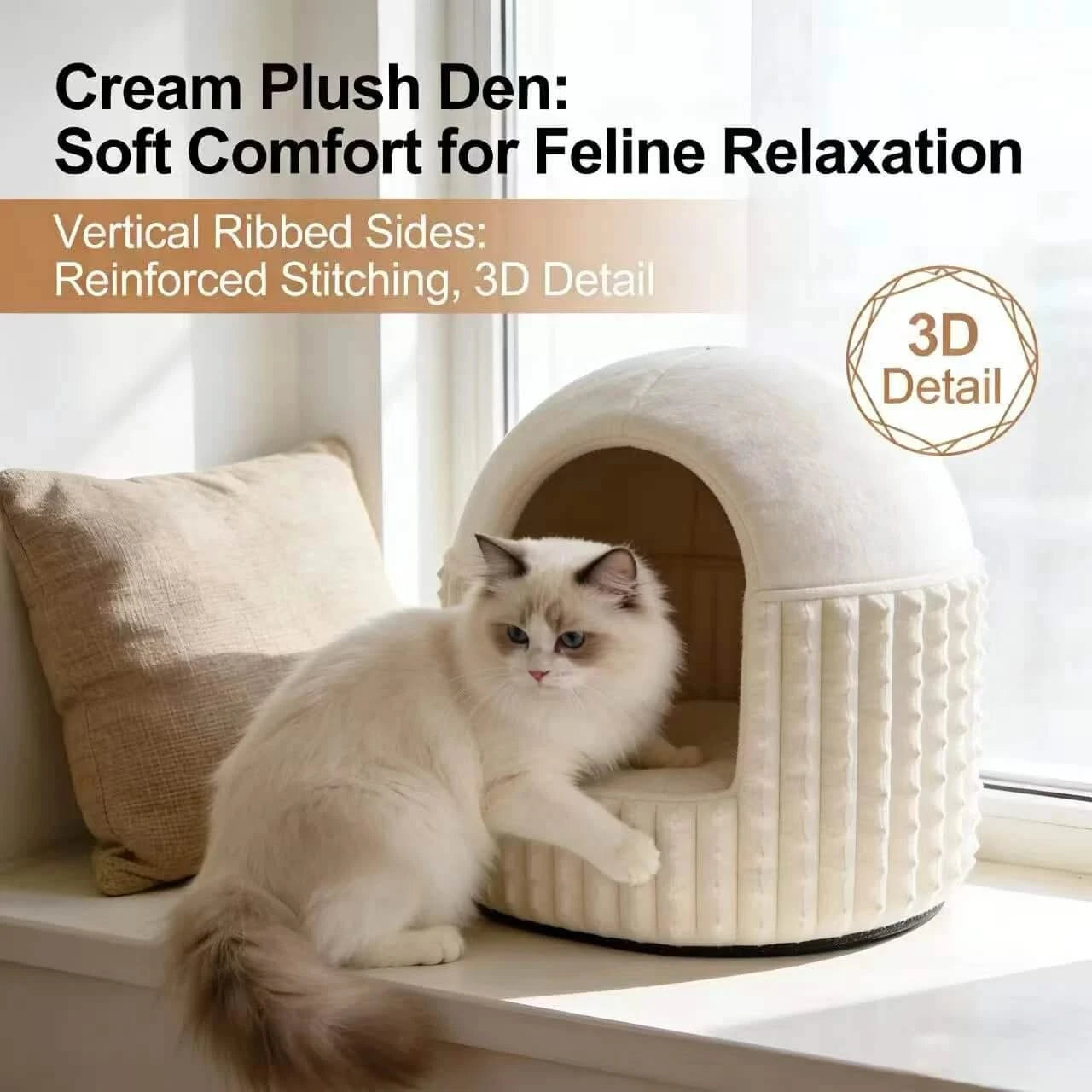 Elegant Cat Bed, Dome House Design, Smooth Velvet Texture, Faux Fur Exterior, Ivory