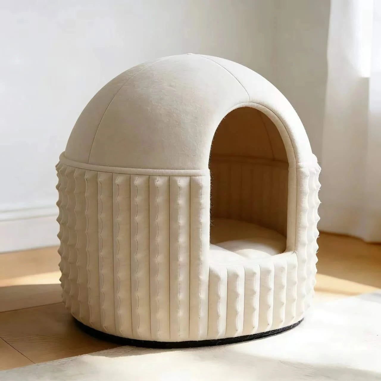 Elegant Cat Bed, Dome House Design, Smooth Velvet Texture, Faux Fur Exterior, Ivory