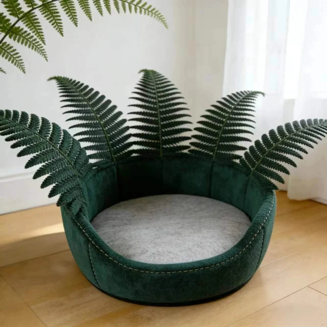 Cat Bed, Potted Fern Shape, Plush Material, Green/White, Botanical Cave Bowl, All-Season