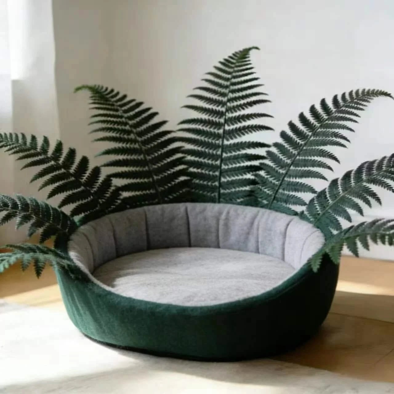 Cat Bed, Potted Fern Shape, Plush Material, Green/White, Botanical Cave Bowl, All-Season