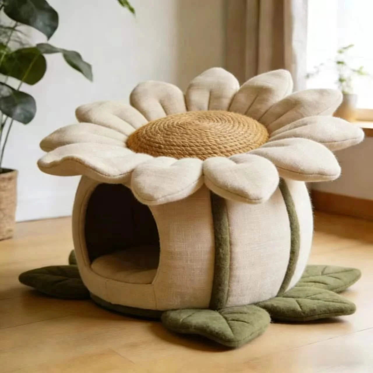  Privacy Pet Bed for Indoor Cats, Sunflower Shape, Non-Slip Base