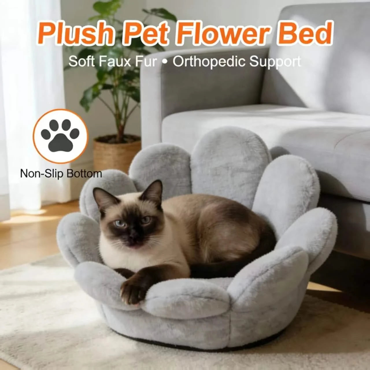 Stylish Pet Sofa, Flower Shaped, Non-Slip Base, Soft Padding, Gray
