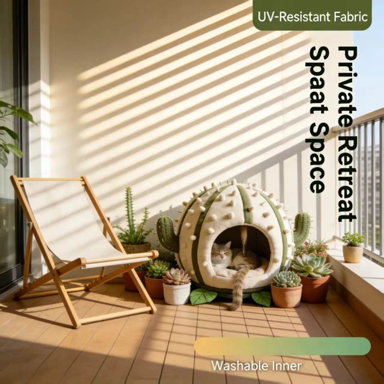 Desert Cat Bed, Cactus Cave Design, Cozy Interior, Beige, Plant-Filled Space Nest