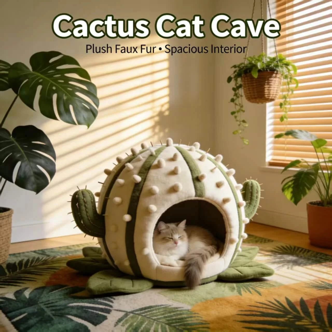 Desert Cat Bed, Cactus Cave Design, Cozy Interior, Beige, Plant-Filled Space Nest