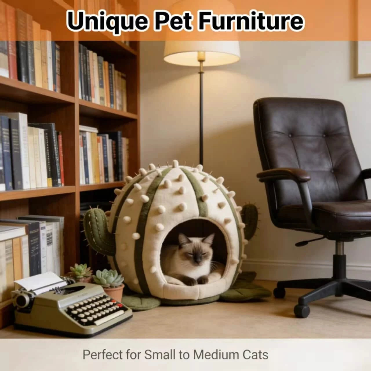 Desert Cat Bed, Cactus Cave Design, Cozy Interior, Beige, Plant-Filled Space Nest