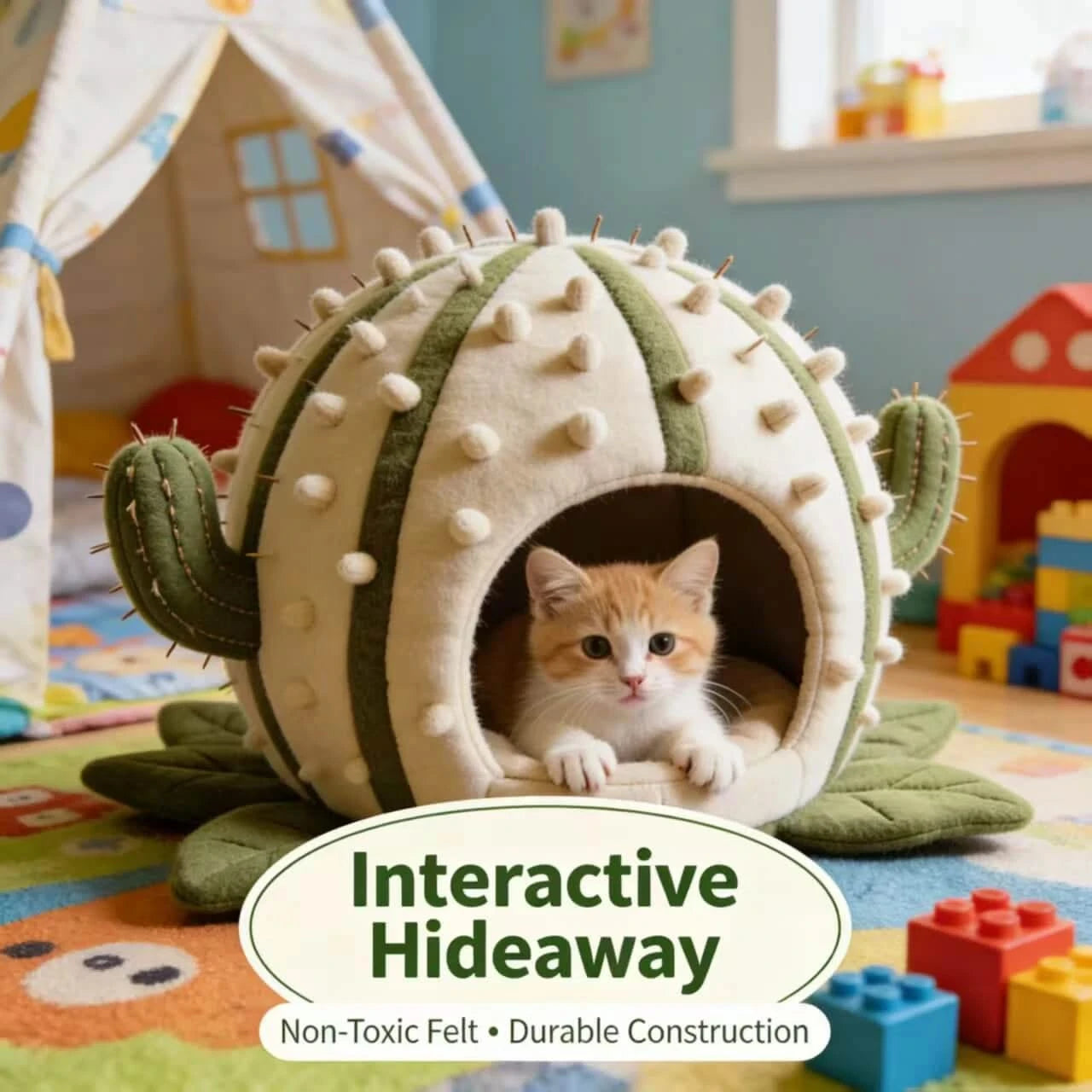 Desert Cat Bed, Cactus Cave Design, Cozy Interior, Beige, Plant-Filled Space Nest