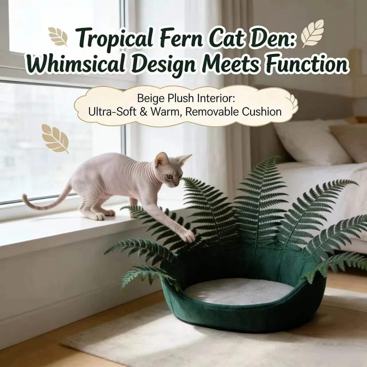 Cat Bed, Potted Fern Shape, Plush Material, Green/White, Botanical Cave Bowl, All-Season